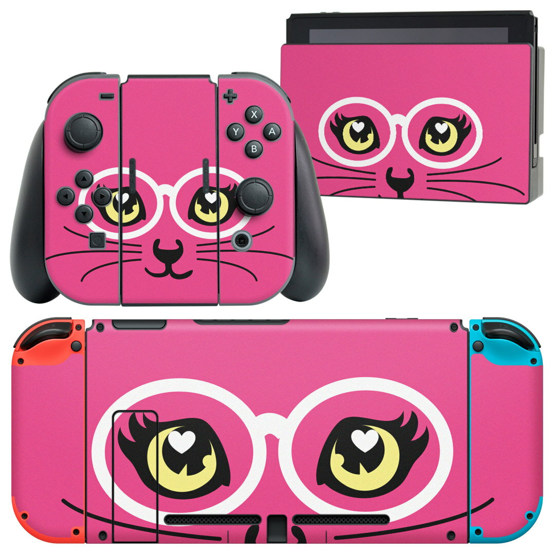 igsticker Nintendo Switch 用 デザインスキンシール 任天堂 ニンテンドー スイッチ 専用 本体ドック Joy-Con Joycon ジョイコン 専用 ゲーム機 カバー アクセサリー フィルム ステッカー 006307 ねこ 眼鏡 ピンク