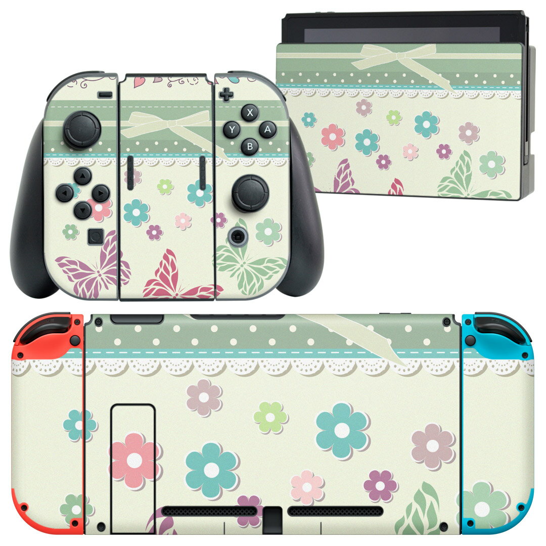 igsticker Nintendo Switch 用 デザインスキンシール 任天堂 ニンテンドー スイッチ 専用 本体ドック Joy-Con Joycon ジョイコン 専用 ゲーム機 カバー アクセサリー フィルム ステッカー 006339 蝶　花　　ハート