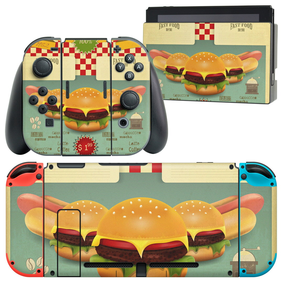 igsticker Nintendo Switch 用 デザインスキンシール 任天堂 ニンテンドー スイッチ 専用 本体ドック Joy-Con Joycon ジョイコン 専用 ゲーム機 カバー アクセサリー フィルム ステッカー 006345 英語 レトロ ハンバーガー