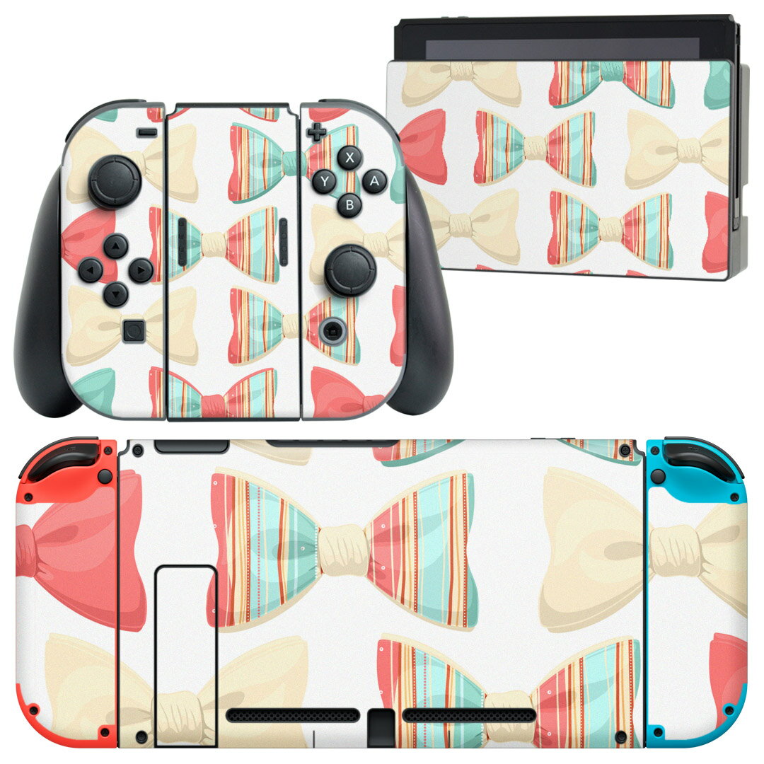 igsticker Nintendo Switch 用 デザインスキンシール 任天堂 ニンテンドー スイッチ 専用 本体ドック Joy-Con Joycon ジョイコン 専用 ゲーム機 カバー アクセサリー フィルム ステッカー 006531 リボン 模様