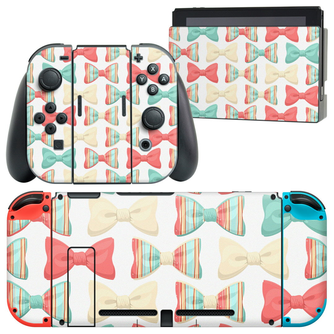 igsticker Nintendo Switch 用 デザインスキンシール 任天堂 ニンテンドー スイッチ 専用 本体ドック Joy-Con Joycon ジョイコン 専用 ゲーム機 カバー アクセサリー フィルム ステッカー 006532 リボン　模様