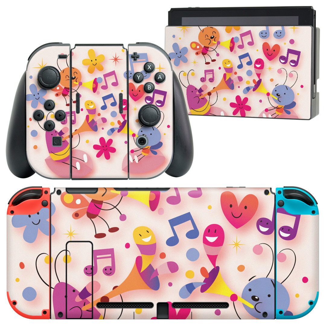 igsticker Nintendo Switch 用 デザインスキンシール 任天堂 ニンテンドー スイッチ 専用 本体ドック Joy-Con Joycon ジョイコン 専用 ゲーム機 カバー アクセサリー フィルム ステッカー 006623 音符 蝶 キャラクター