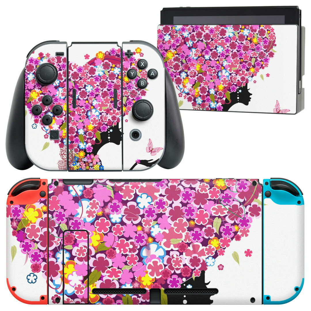 igsticker Nintendo Switch 用 デザインスキンシール 任天堂 ニンテンドー スイッチ 専用 本体ドック Joy-Con Joycon ジョイコン 専用 ゲーム機 カバー アクセサリー フィルム ステッカー 006648 花 人物 ハート