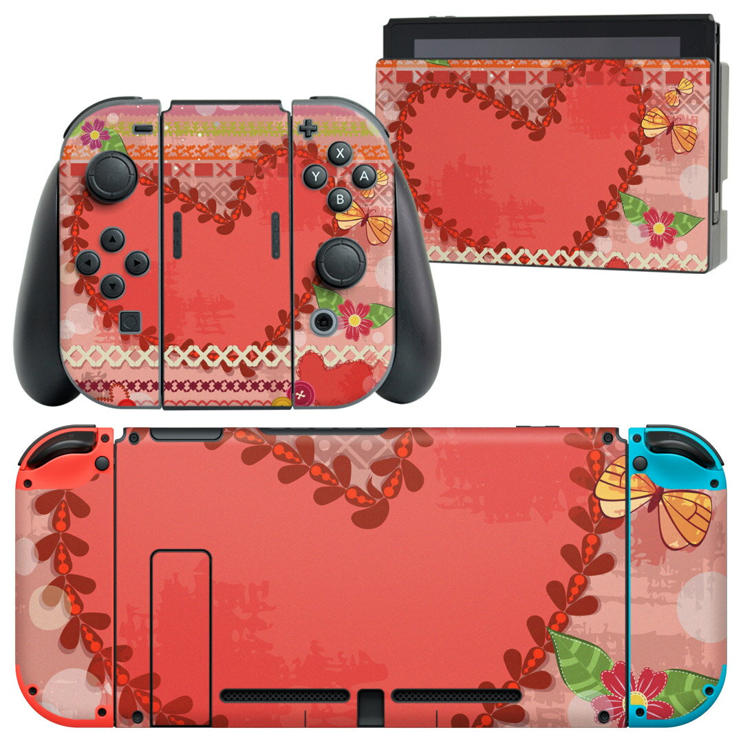 igsticker Nintendo Switch 用 デザインスキンシール 任天堂 ニンテンドー スイッチ 専用 本体ドック Joy-Con Joycon ジョイコン 専用 ゲーム機 カバー アクセサリー フィルム ステッカー 006706 ハート 蝶