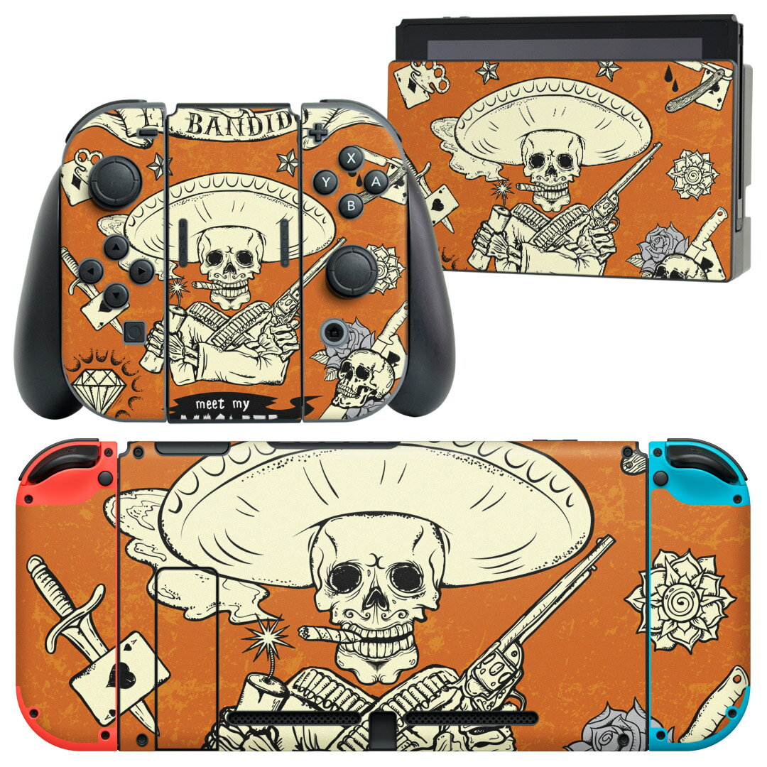 igsticker Nintendo Switch 用 デザインスキンシール 任天堂 ニンテンドー スイッチ 専用 本体ドック Joy-Con Joycon ジョイコン 専用 ゲーム機 カバー アクセサリー フィルム ステッカー 006738 骸骨 ドクロ カウボーイ