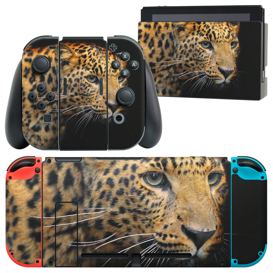 igsticker Nintendo Switch 用 デザインスキンシール 任天堂 ニンテンドー スイッチ 専用 本体ドック Joy-Con Joycon ジョイコン 専用 ゲーム機 カバー アクセサリー フィルム ステッカー 006775 写真　動物　ヒョウ