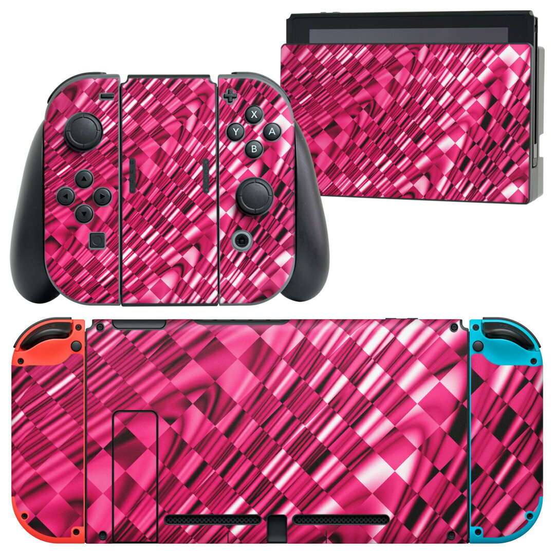 igsticker Nintendo Switch 用 デザインスキンシール 任天堂 ニンテンドー スイッチ 専用 本体ドック Joy-Con Joycon ジョイコン 専用 ゲーム機 カバー アクセサリー フィルム ステッカー 006876 チェック　ピンク
