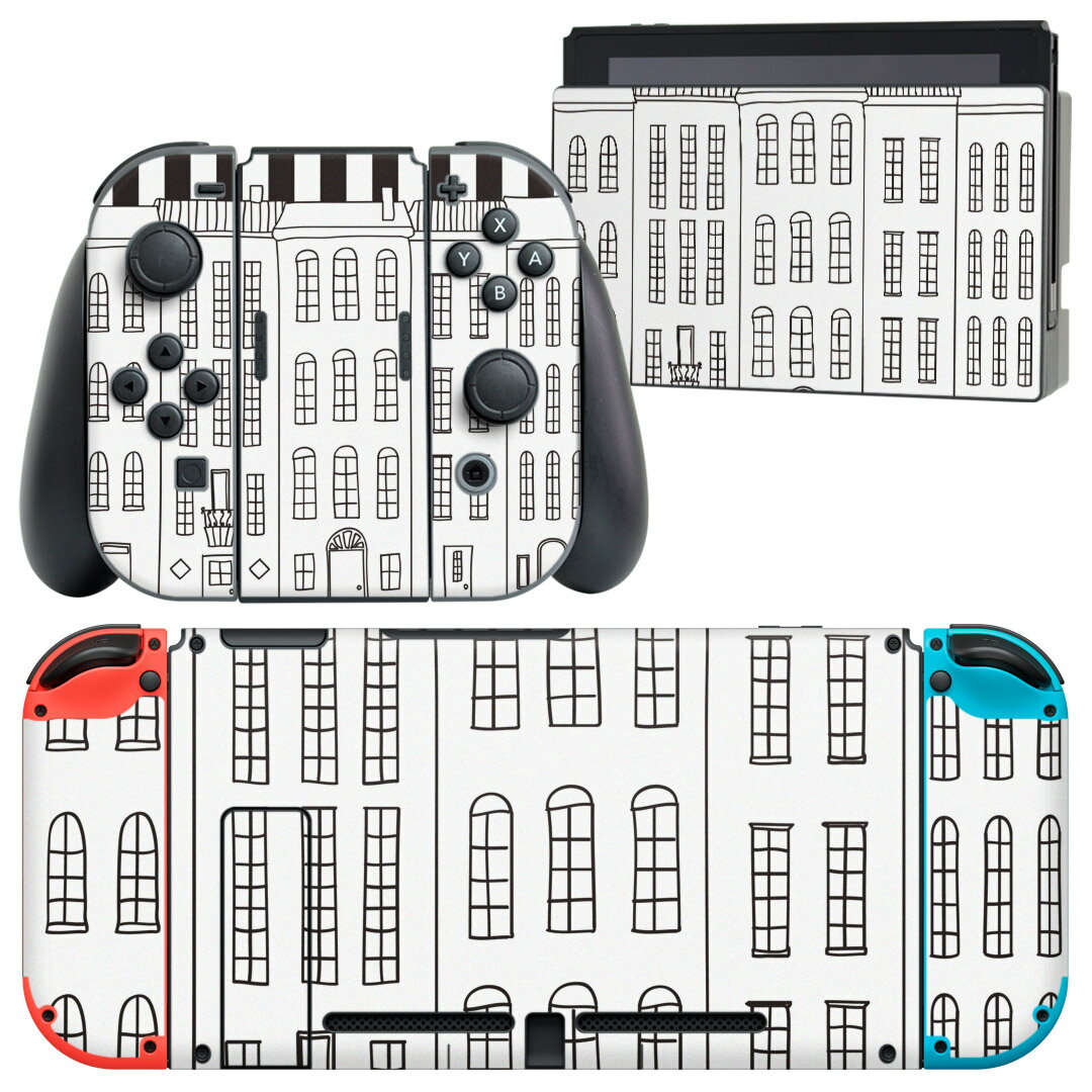 igsticker Nintendo Switch 用 デザインスキンシール 任天堂 ニンテンドー スイッチ 専用 本体ドック Joy-Con Joycon ジョイコン 専用 ゲーム機 カバー アクセサリー フィルム ステッカー 006889 建物 ストライプ イラスト