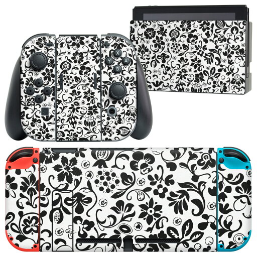 igsticker Nintendo Switch 用 デザインスキンシール 任天堂 ニンテンドー スイッチ 専用 本体ドック Joy-Con Joycon ジョイコン 専用 ゲーム機 カバー アクセサリー フィルム ステッカー 007306 花  黒 模様