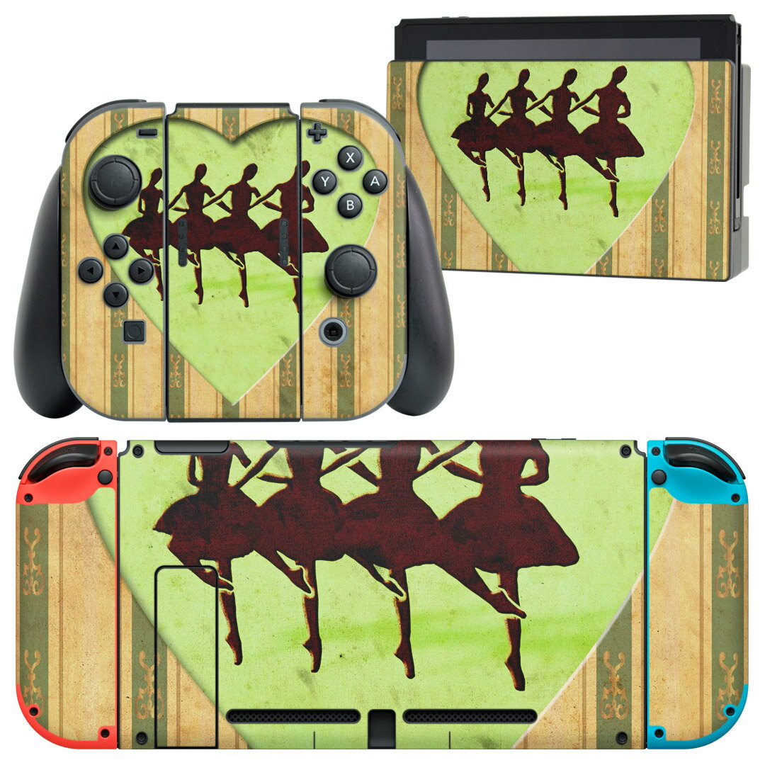 igsticker Nintendo Switch 用 デザインスキンシール 任天堂 ニンテンドー スイッチ 専用 本体ドック Joy-Con Joycon ジョイコン 専用 ゲーム機 カバー アクセサリー フィルム ステッカー 007319 バレエ　ハート　ストライプ　黄緑