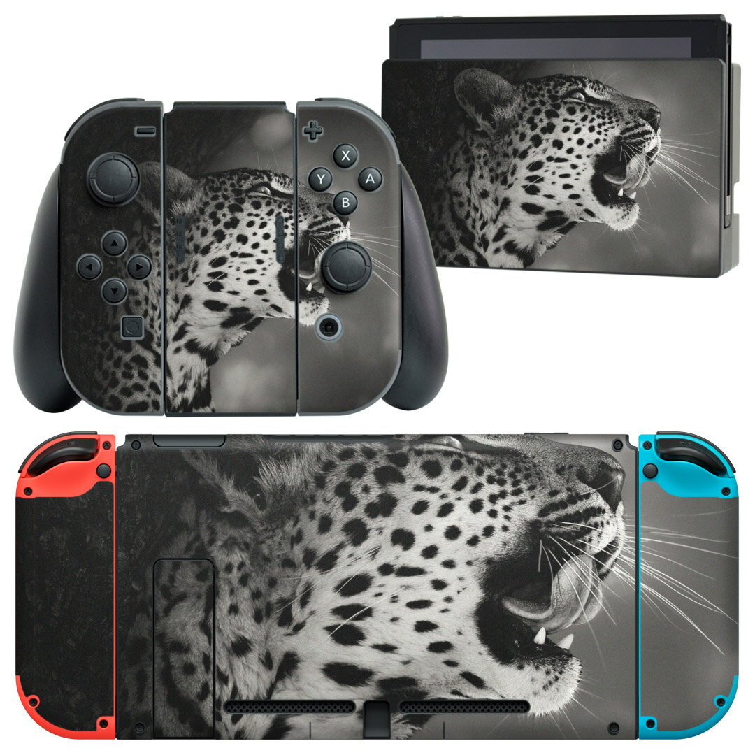 igsticker Nintendo Switch 用 デザインスキンシール 任天堂 ニンテンドー スイッチ 専用 本体ドック Joy-Con Joycon ジョイコン 専用 ゲーム機 カバー アクセサリー フィルム ステッカー 007328 写真 モノクロ 豹 ヒョウ