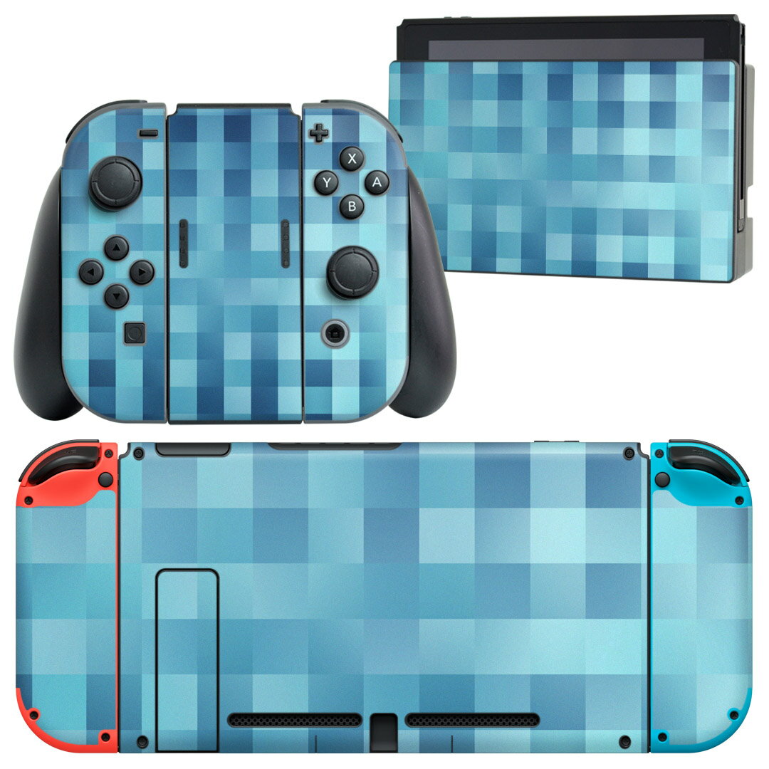 igsticker Nintendo Switch 用 デザインスキンシール 任天堂 ニンテンドー スイッチ 専用 本体ドック Joy-Con Joycon ジョイコン 専用 ゲーム機 カバー アクセサリー フィルム ステッカー 007335 木目 チェック 青 ブルー 模様