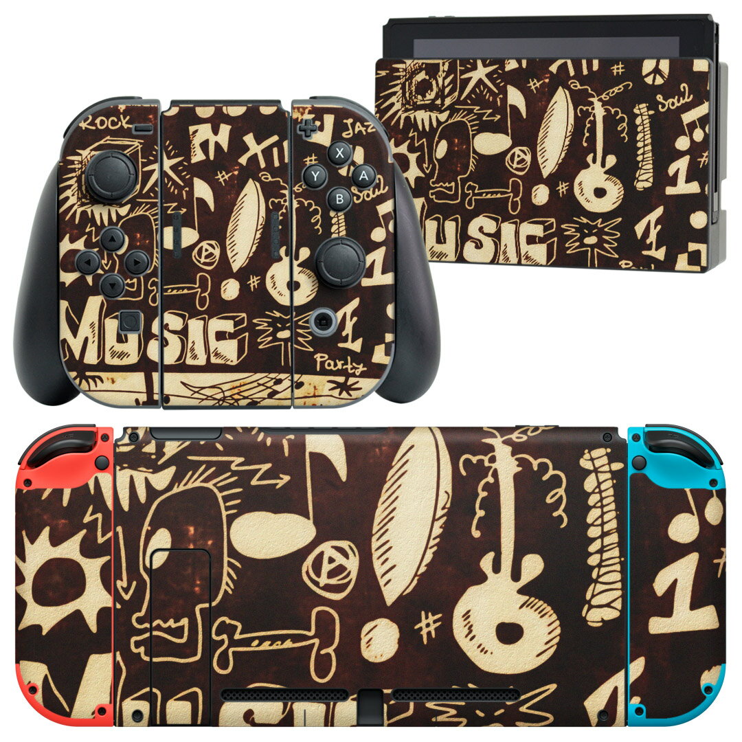 igsticker Nintendo Switch 用 デザインスキンシール 任天堂 ニンテンドー スイッチ 専用 本体ドック Joy-Con Joycon ジョイコン 専用 ゲーム機 カバー アクセサリー フィルム ステッカー 007376 音楽 楽器 音符 イラスト