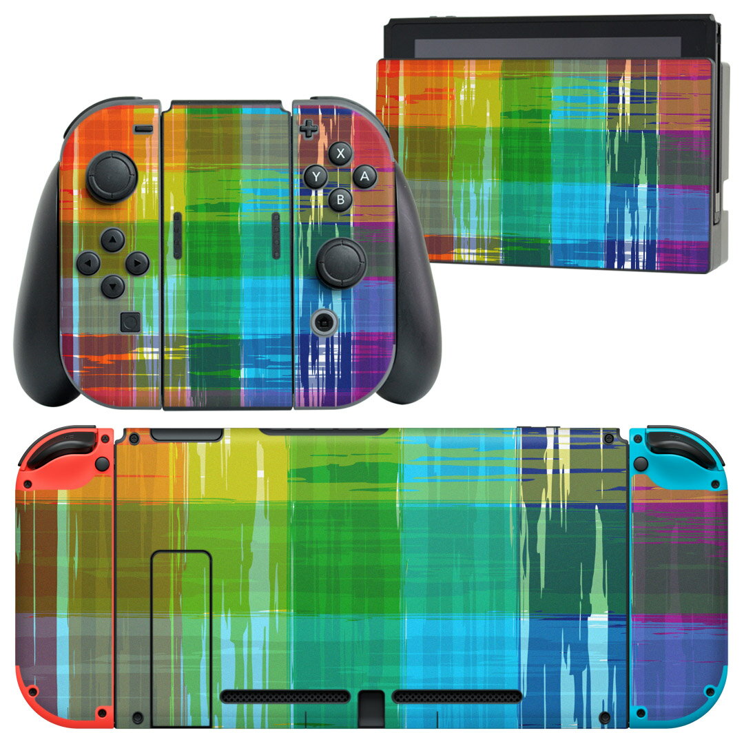 igsticker Nintendo Switch 用 デザインスキンシール 任天堂 ニンテンドー スイッチ 専用 本体ドック Joy-Con Joycon ジョイコン 専用 ゲーム機 カバー アクセサリー フィルム ステッカー 007406 カラフル　レインボー　チェック　模様