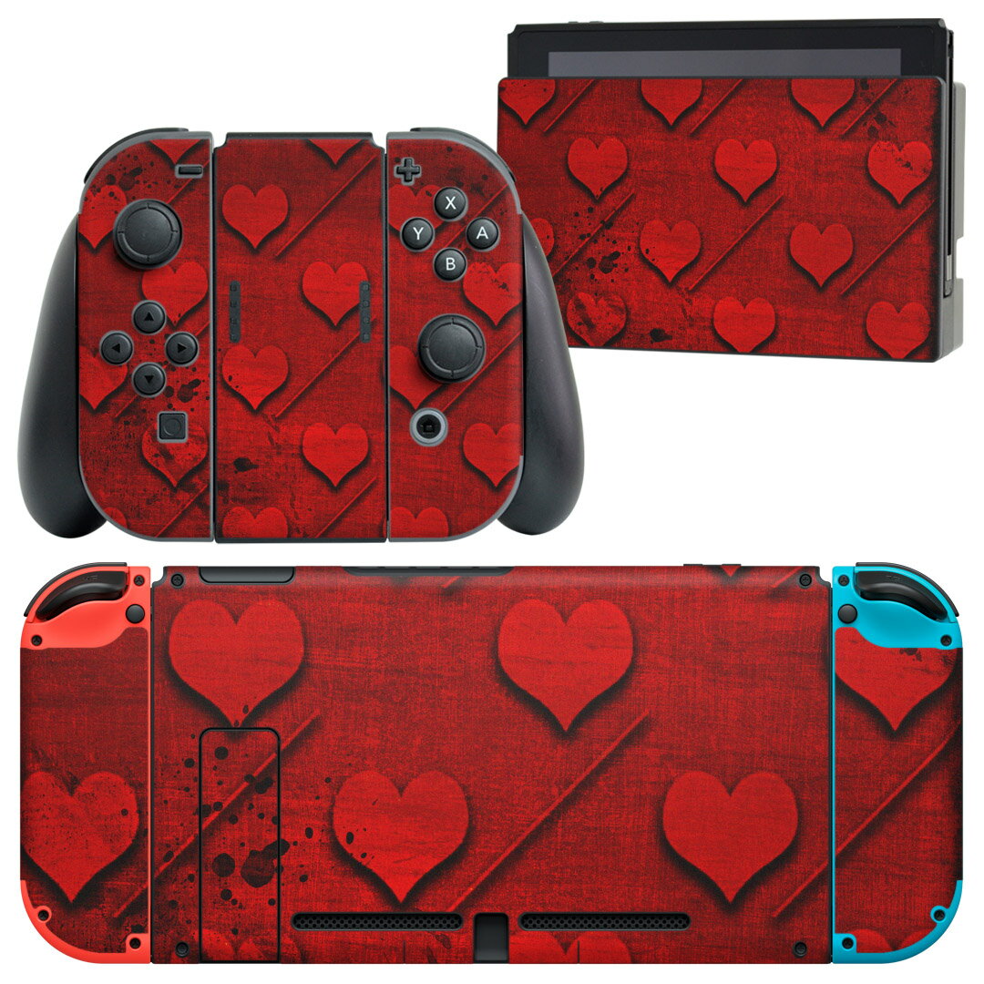 igsticker Nintendo Switch 用 デザインスキンシール 任天堂 ニンテンドー スイッチ 専用 本体ドック Joy-Con Joycon ジョイコン 専用 ゲーム機 カバー アクセサリー フィルム ステッカー 007425 赤　レッド　ハート　模様