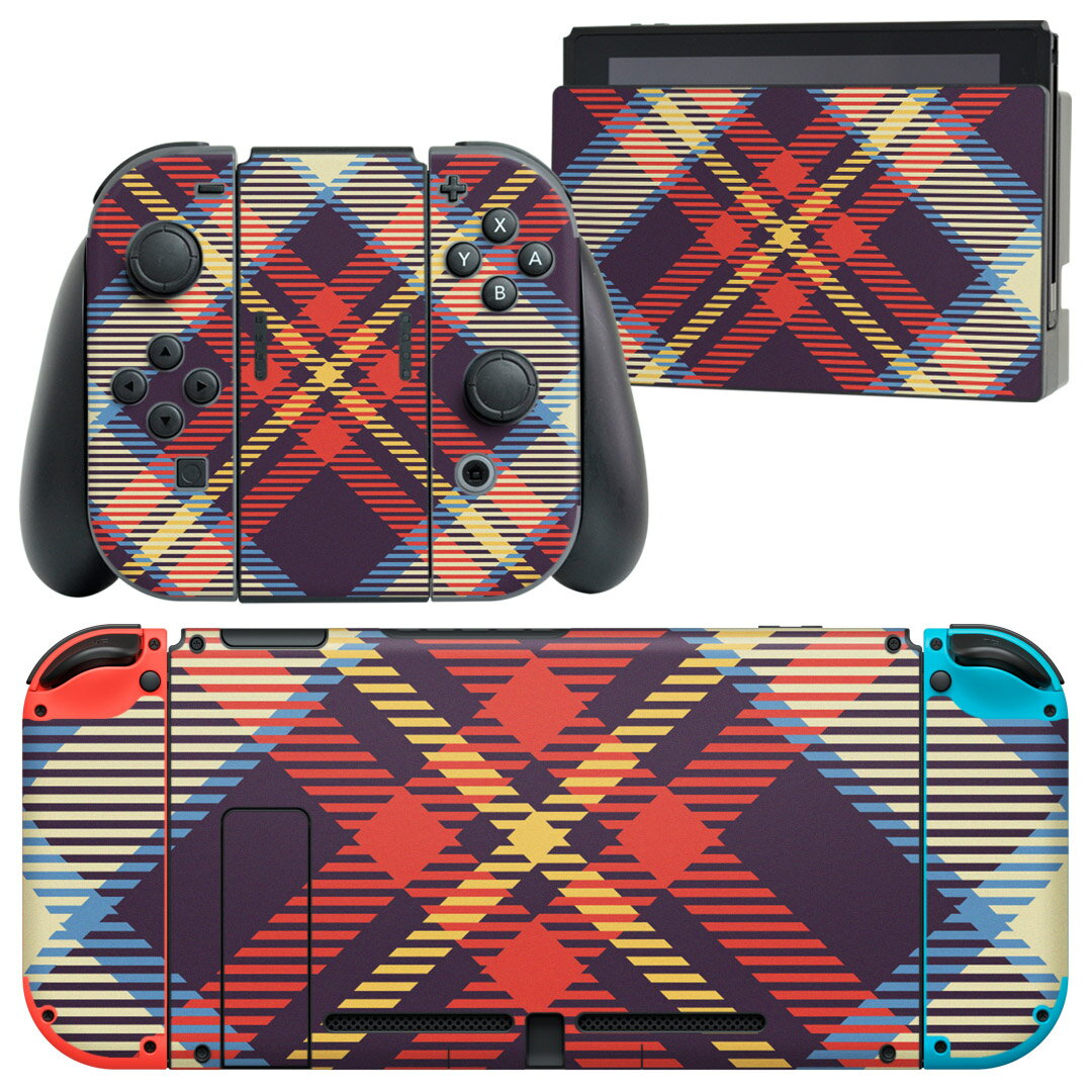 igsticker Nintendo Switch 用 デザインスキンシール 任天堂 ニンテンドー スイッチ 専用 本体ドック Joy-Con Joycon ジョイコン 専用 ゲーム機 カバー アクセサリー フィルム ステッカー 007426 チェック　模様　赤　レッド