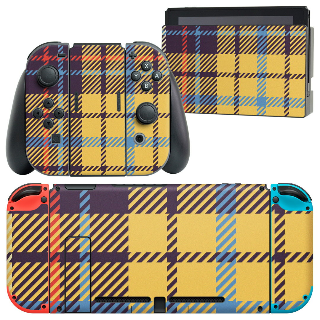 igsticker Nintendo Switch 用 デザインスキンシール 任天堂 ニンテンドー スイッチ 専用 本体ドック Joy-Con Joycon ジョイコン 専用 ゲーム機 カバー アクセサリー フィルム ステッカー 007427 チェック　模様　黄色　イエロー