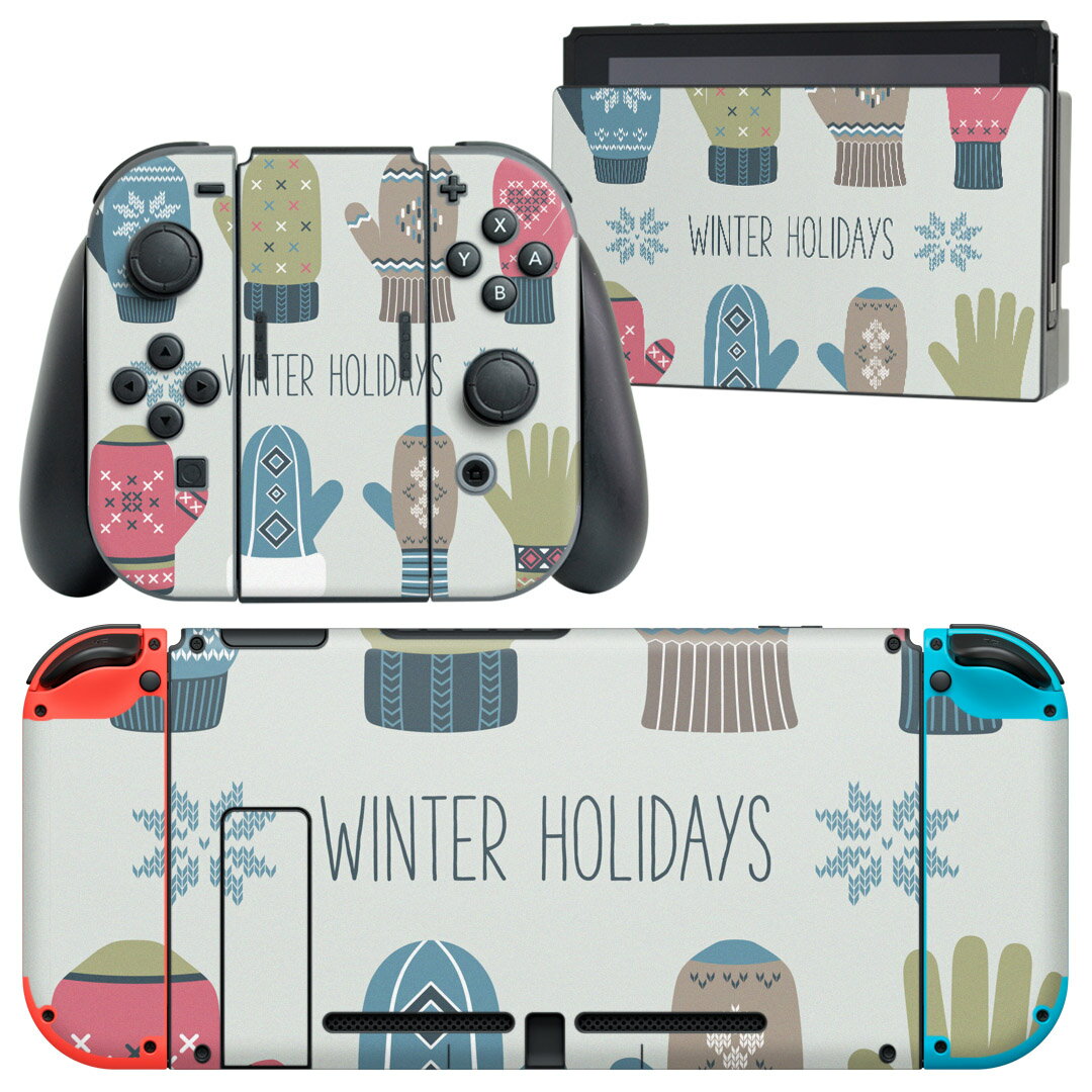 igsticker Nintendo Switch 用 デザインスキンシール 任天堂 ニンテンドー スイッチ 専用 本体ドック Joy-Con Joycon ジョイコン 専用 ゲーム機 カバー アクセサリー フィルム ステッカー 007505 冬　手袋　雪　結晶