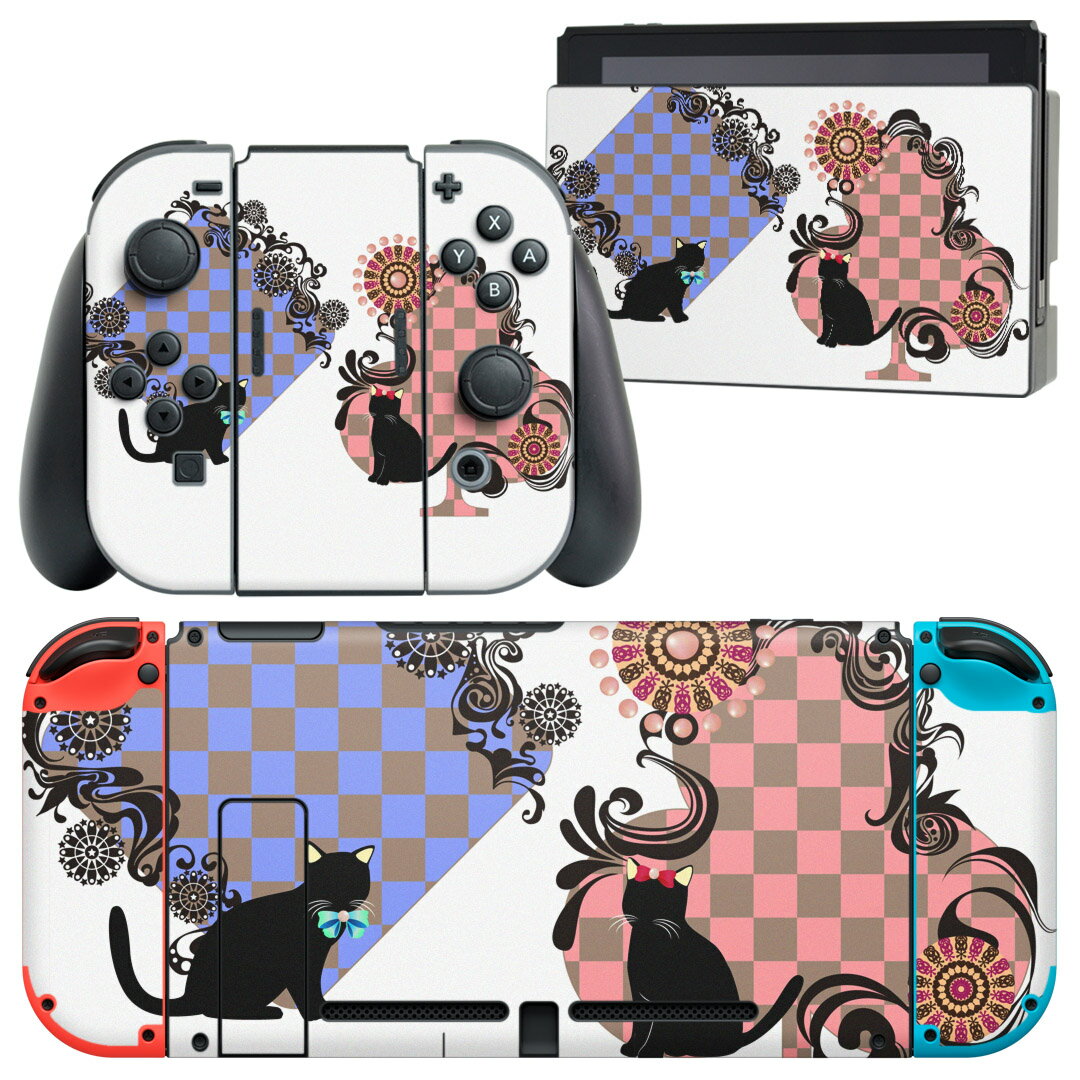 igsticker Nintendo Switch 用 デザインスキンシール 任天堂 ニンテンドー スイッチ 専用 本体ドック Joy-Con Joycon ジョイコン 専用 ゲーム機 カバー アクセサリー フィルム ステッカー 007517 チェック　猫　ネコ　市松模様