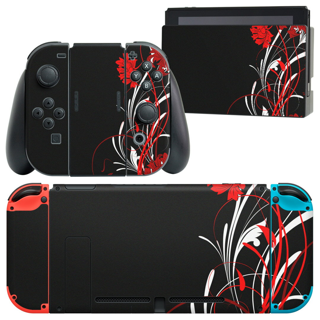 igsticker Nintendo Switch 用 デザインスキンシール 任天堂 ニンテンドー スイッチ 専用 本体ドック Joy-Con Joycon ジョイコン 専用 ゲーム機 カバー アクセサリー フィルム ステッカー 007545 花 赤 レッド