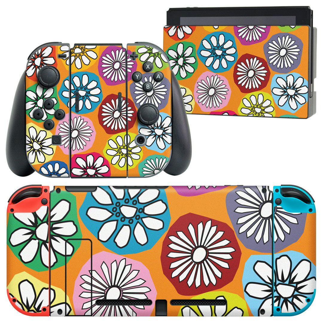 igsticker Nintendo Switch 用 デザインスキンシール 任天堂 ニンテンドー スイッチ 専用 本体ドック Joy-Con Joycon ジョイコン 専用 ゲーム機 カバー アクセサリー フィルム ステッカー 007583 花 カラフル オレンジ