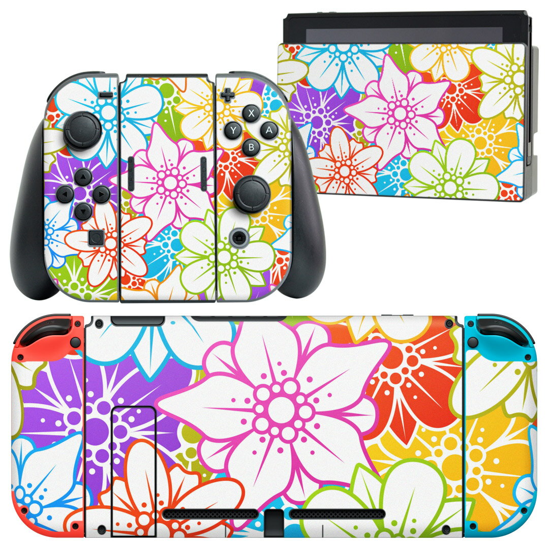 igsticker Nintendo Switch 用 デザインスキンシール 任天堂 ニンテンドー スイッチ 専用 本体ドック Joy-Con Joycon ジョイコン 専用 ゲーム機 カバー アクセサリー フィルム ステッカー 007616 花 カラフル 模様