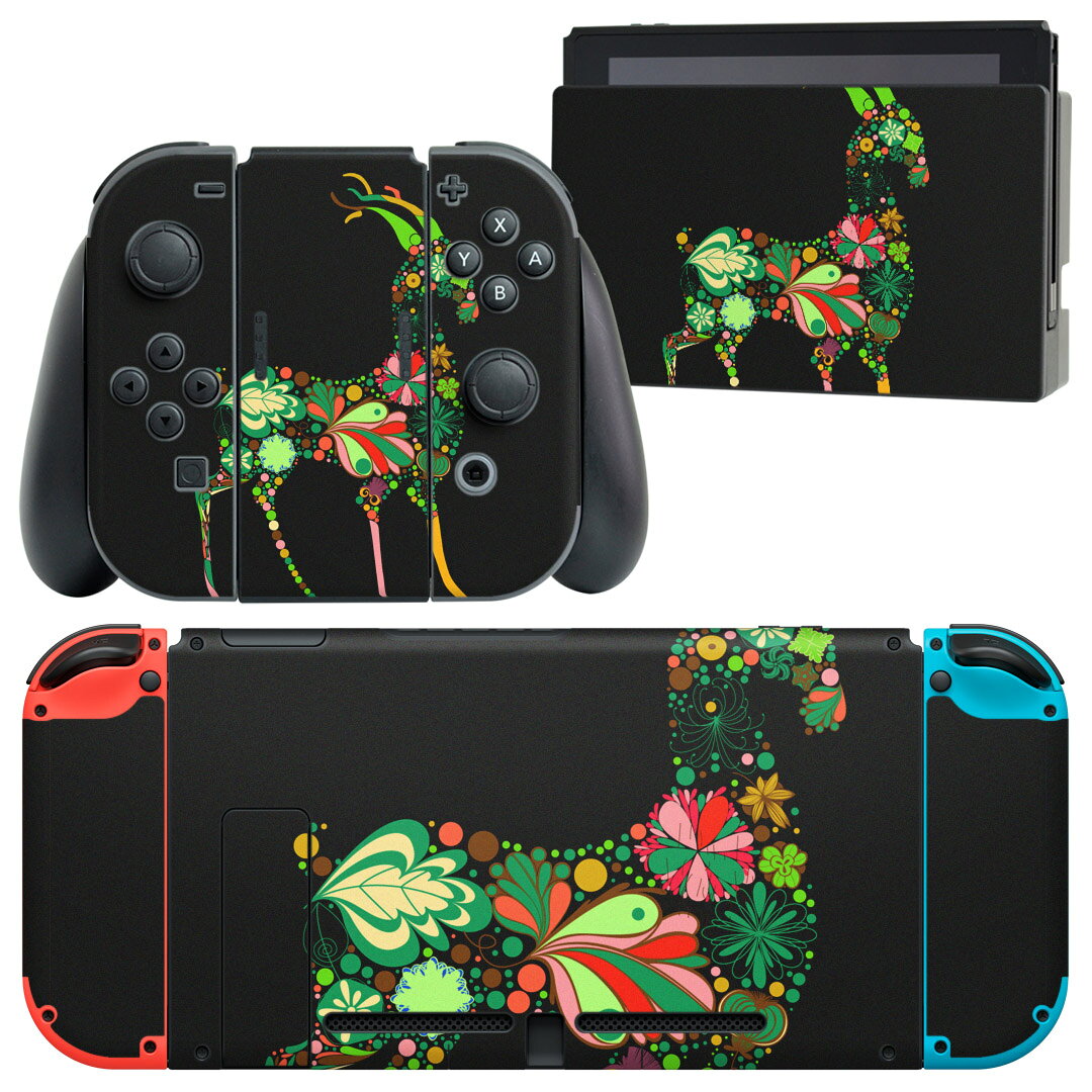 igsticker Nintendo Switch 用 デザインスキンシール 任天堂 ニンテンドー スイッチ 専用 本体ドック Joy-Con Joycon ジョイコン 専用 ゲーム機 カバー アクセサリー フィルム ステッカー 007619 花　　緑　グリーン　山羊