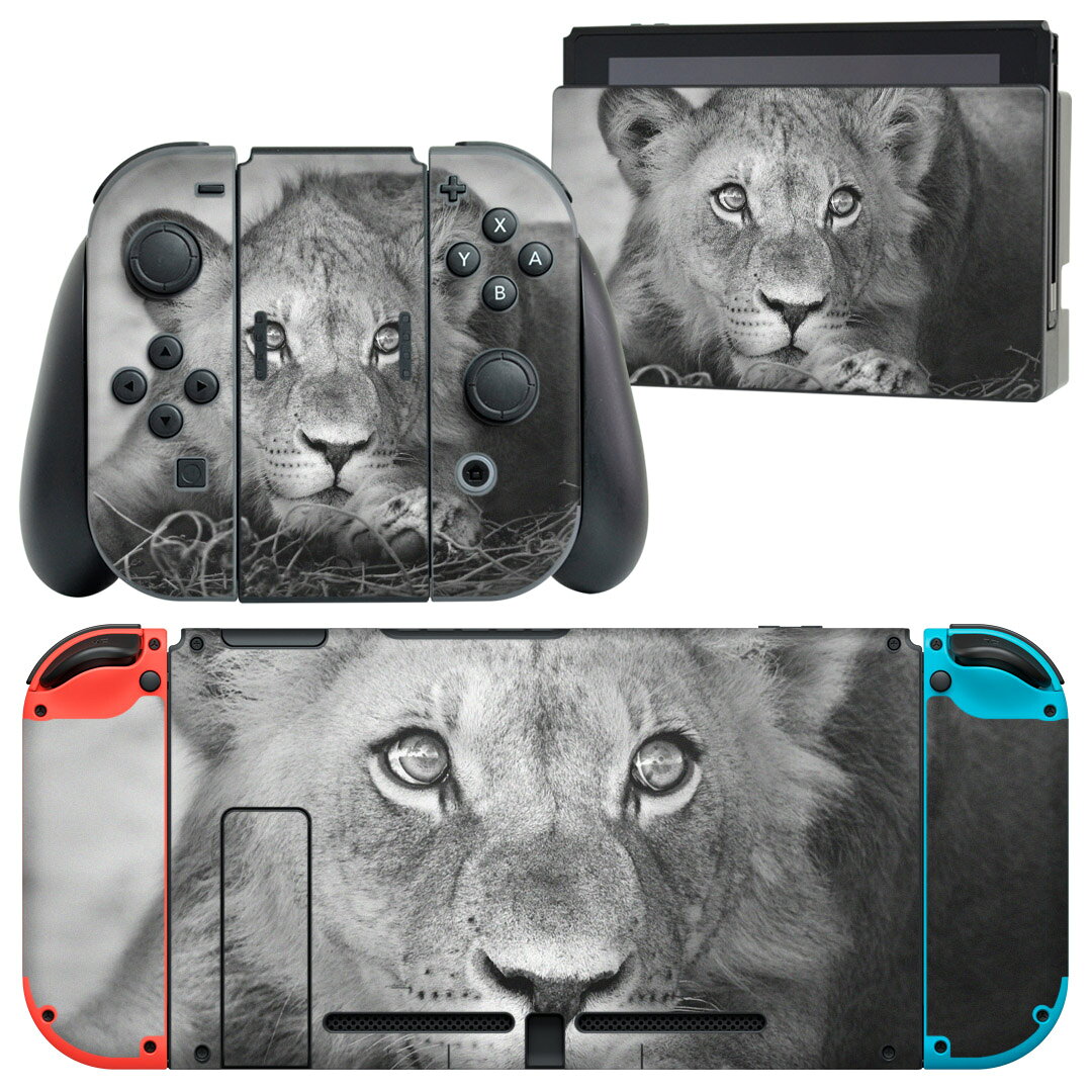 igsticker Nintendo Switch 用 デザインスキンシール 任天堂 ニンテンドー スイッチ 専用 本体ドック Joy-Con Joycon ジョイコン 専用 ゲーム機 カバー アクセサリー フィルム ステッカー 007626 写真　モノクロ　ライオン