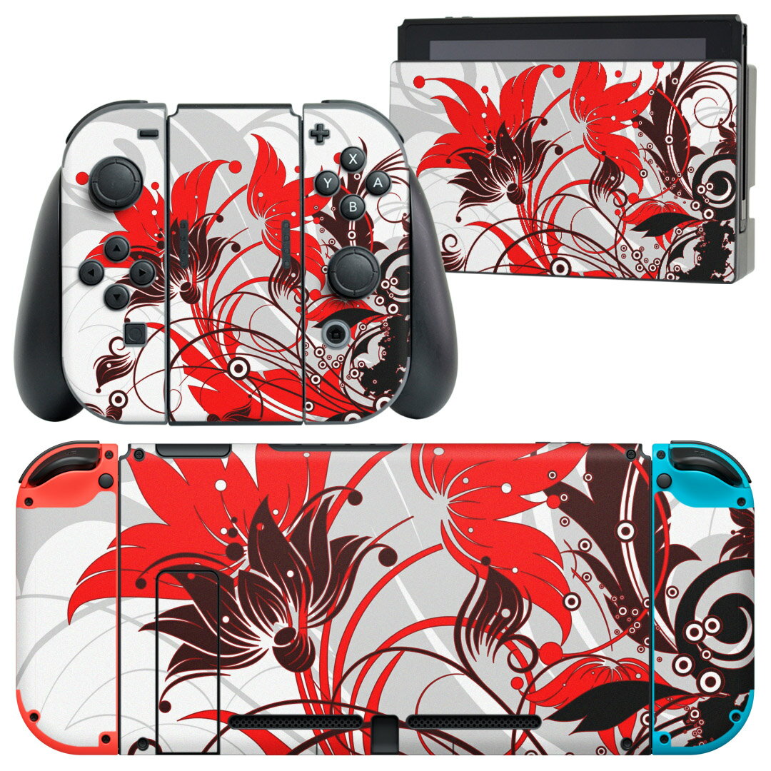igsticker Nintendo Switch 用 デザインスキンシール 任天堂 ニンテンドー スイッチ 専用 本体ドック Joy-Con Joycon ジョイコン 専用 ゲーム機 カバー アクセサリー フィルム ステッカー 007631 花 赤 レッド