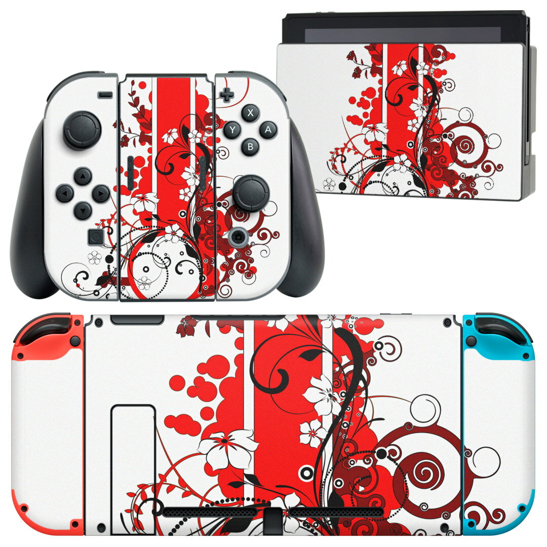 igsticker Nintendo Switch 用 デザインスキンシール 任天堂 ニンテンドー スイッチ 専用 本体ドック Joy-Con Joycon ジョイコン 専用 ゲーム機 カバー アクセサリー フィルム ステッカー 007646 花　　赤　レッド