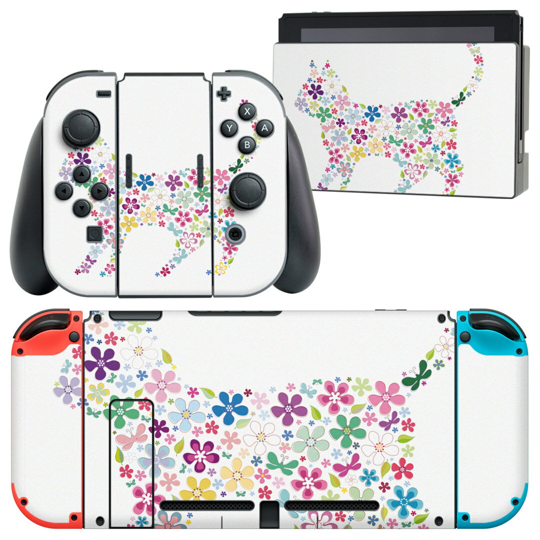 igsticker Nintendo Switch 用 デザインスキンシール 任天堂 ニンテンドー スイッチ 専用 本体ドック Joy-Con Joycon ジョイコン 専用 ゲーム機 カバー アクセサリー フィルム ステッカー 007664 アニマル 花 猫 ねこ