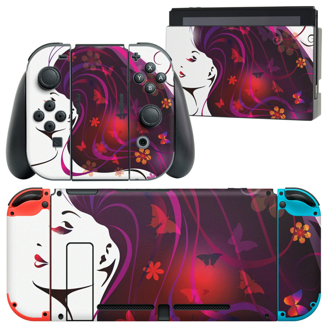 igsticker Nintendo Switch 用 デザインスキンシール 任天堂 ニンテンドー スイッチ 専用 本体ドック Joy-Con Joycon ジョイコン 専用 ゲーム機 カバー アクセサリー フィルム ステッカー 007783 蝶　人物　カラフル　レインボー