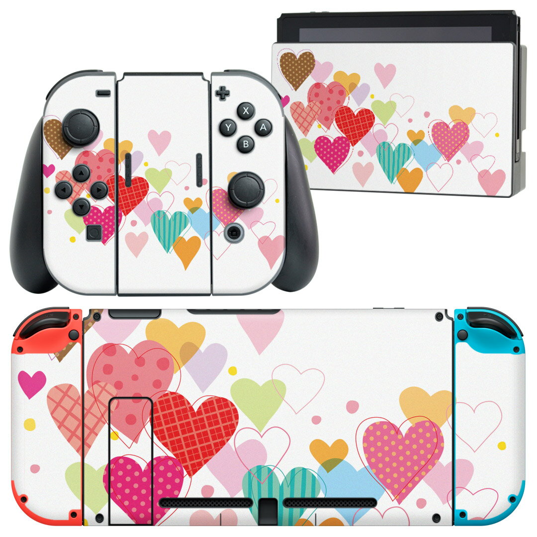 igsticker Nintendo Switch 用 デザインスキンシール 任天堂 ニンテンドー スイッチ 専用 本体ドック Joy-Con Joycon ジョイコン 専用 ゲーム機 カバー アクセサリー フィルム ステッカー 007796 ハート ピンク 水玉 チェック