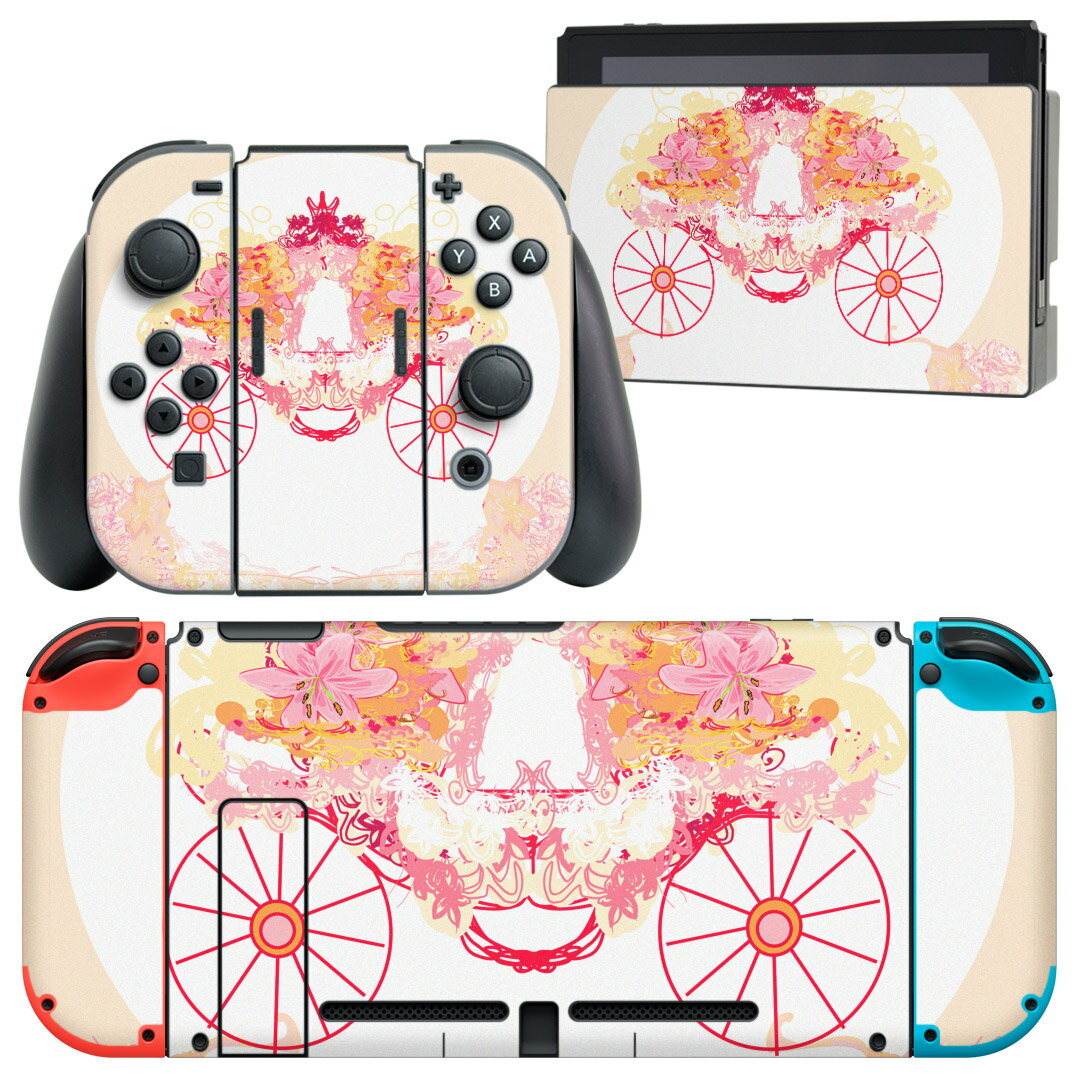 igsticker Nintendo Switch 用 デザインスキンシール 任天堂 ニンテンドー スイッチ 専用 本体ドック Joy-Con Joycon ジョイコン 専用 ゲーム機 カバー アクセサリー フィルム ステッカー 007808 花　　ピンク　馬車