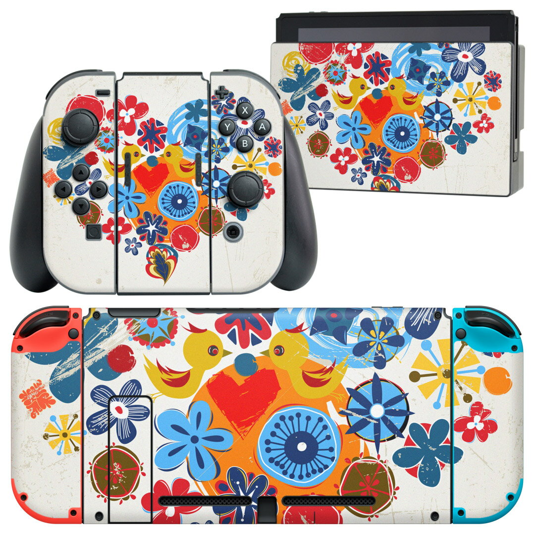 igsticker Nintendo Switch 用 デザインスキンシール 任天堂 ニンテンドー スイッチ 専用 本体ドック Joy-Con Joycon ジョイコン 専用 ゲーム機 カバー アクセサリー フィルム ステッカー 007831 花　　鳥　カラフル　ハート(2.0)