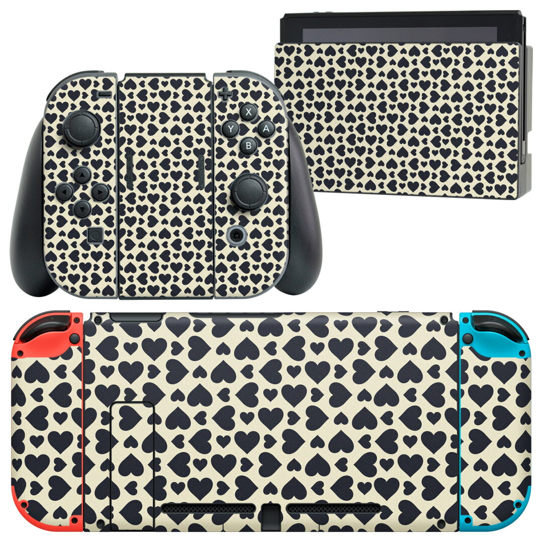 igsticker Nintendo Switch 用 デザインスキンシール 任天堂 ニンテンドー スイッチ 専用 本体ドック Joy-Con Joycon ジョイコン 専用 ゲーム機 カバー アクセサリー フィルム ステッカー 007837 ハート 模様 黒 ブラック
