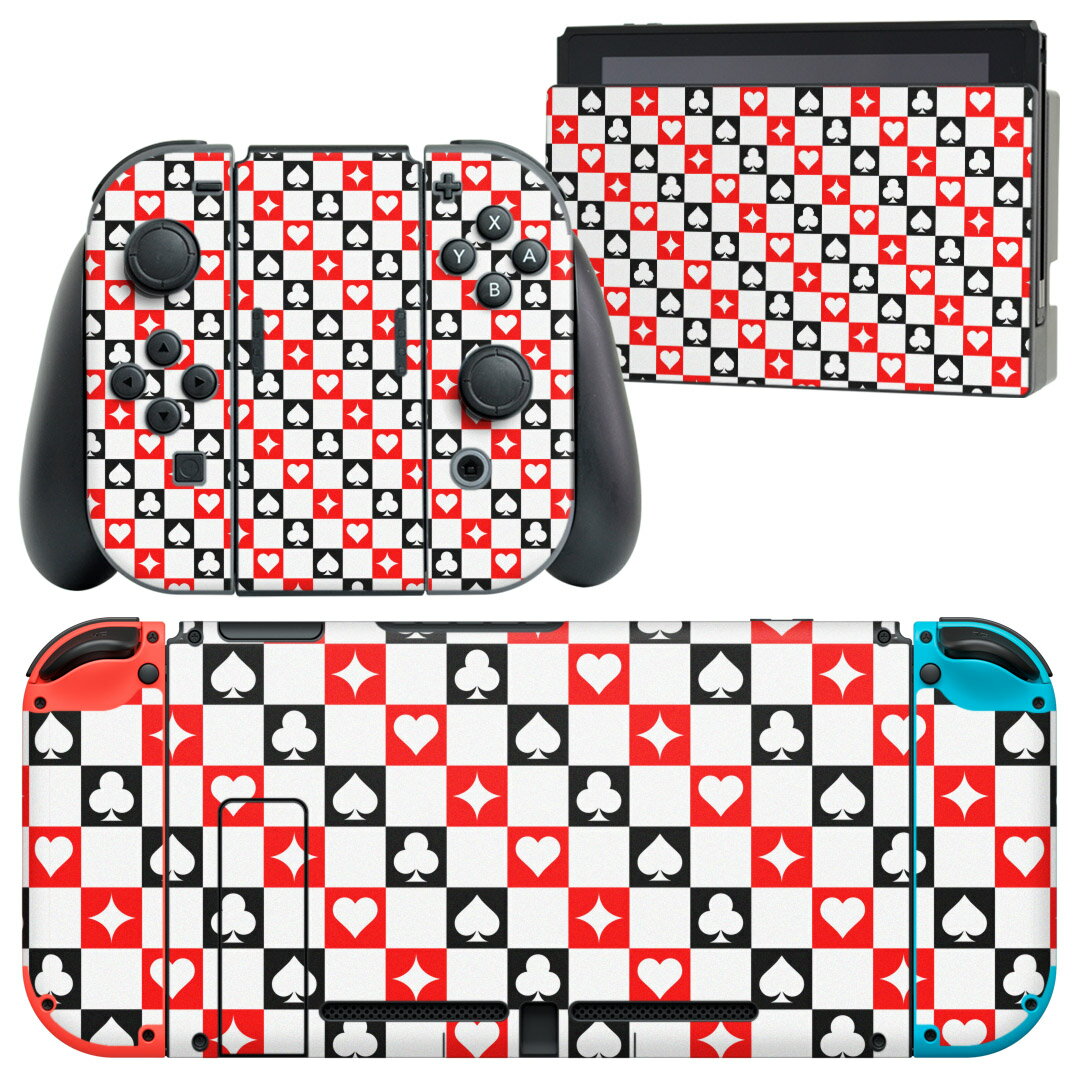 igsticker Nintendo Switch 用 デザインスキンシール 任天堂 ニンテンドー スイッチ 専用 本体ドック Joy-Con Joycon ジョイコン 専用 ゲーム機 カバー アクセサリー フィルム ステッカー 007868 赤 レッド トランプ 模様 黒 ブラック