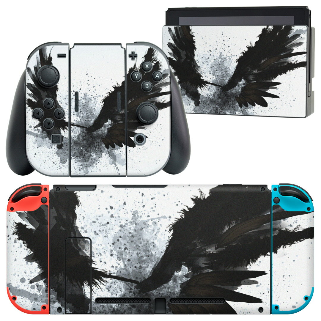 igsticker Nintendo Switch 用 デザインスキンシール 任天堂 ニンテンドー スイッチ 専用 本体ドック Joy-Con Joycon ジョイコン 専用 ゲーム機 カバー アクセサリー フィルム ステッカー 007919 インク ペンキ 黒 ブラック 羽根