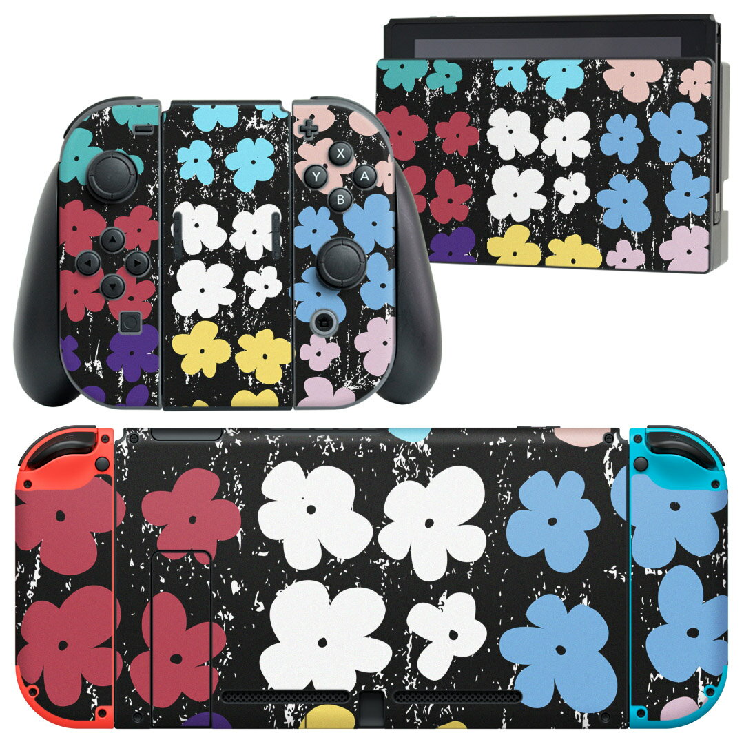 igsticker Nintendo Switch 用 デザインスキンシール 任天堂 ニンテンドー スイッチ 専用 本体ドック Joy-Con Joycon ジョイコン 専用 ゲーム機 カバー アクセサリー フィルム ステッカー 007924 花 カラフル 模様