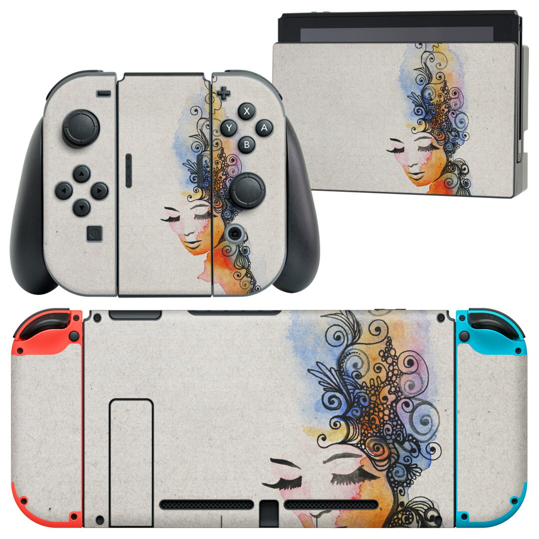 igsticker Nintendo Switch 用 デザインスキンシール 任天堂 ニンテンドー スイッチ 専用 本体ドック Joy-Con Joycon ジョイコン 専用 ゲーム機 カバー アクセサリー フィルム ステッカー 007950 イラスト カラフル インク