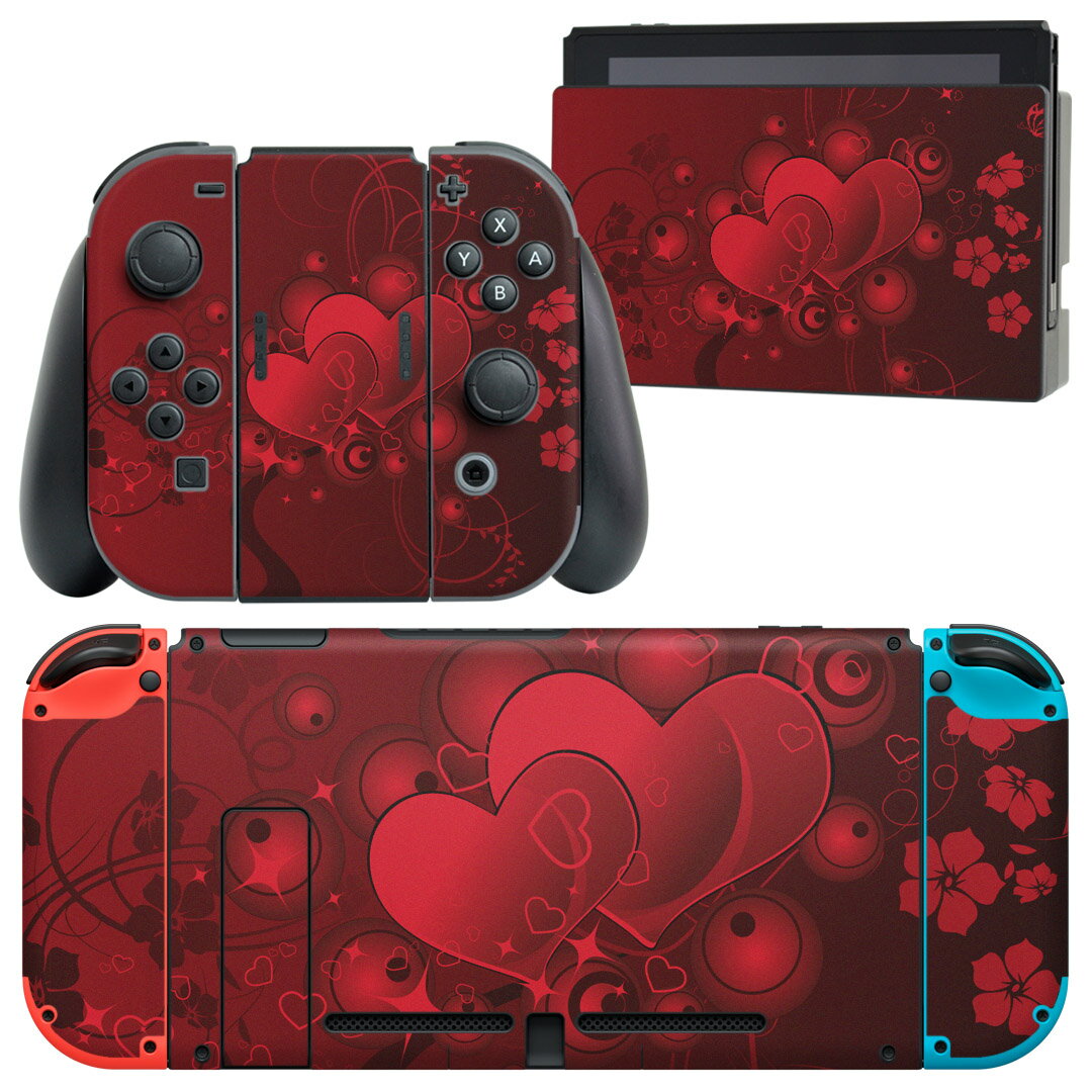 igsticker Nintendo Switch 用 デザインスキンシール 任天堂 ニンテンドー スイッチ 専用 本体ドック Joy-Con Joycon ジョイコン 専用 ゲーム機 カバー アクセサリー フィルム ステッカー 007953 赤　レッド　ハート　花