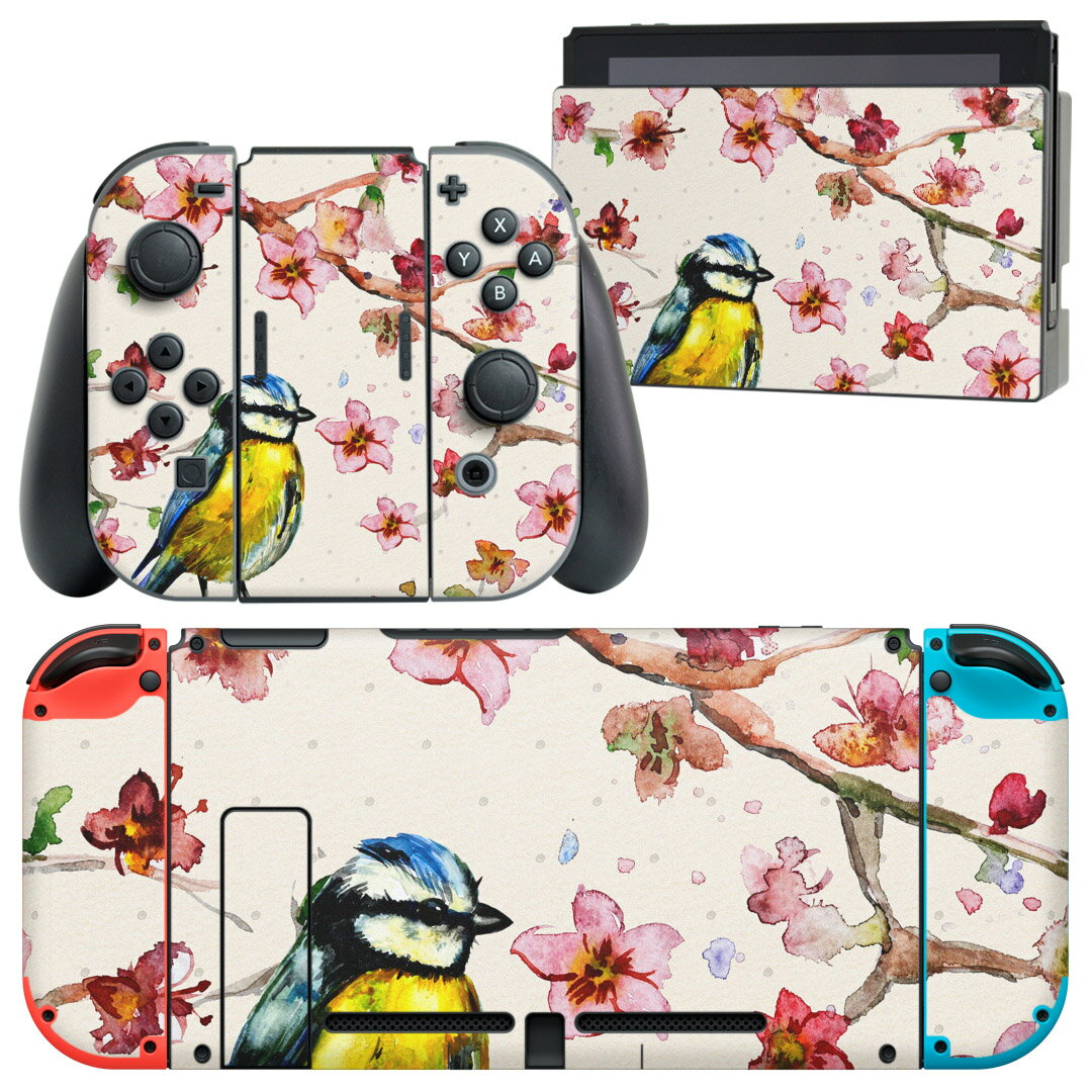igsticker Nintendo Switch 用 デザインスキンシール 任天堂 ニンテンドー スイッチ 専用 本体ドック Joy-Con Joycon ジョイコン 専用 ゲーム機 カバー アクセサリー フィルム ステッカー 007971 花 水彩 ピンク 鳥