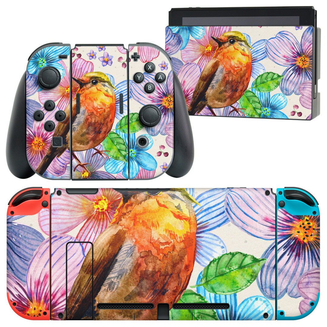 igsticker Nintendo Switch 用 デザインスキンシール 任天堂 ニンテンドー スイッチ 専用 本体ドック Joy-Con Joycon ジョイコン 専用 ゲーム機 カバー アクセサリー フィルム ステッカー 007972 花　　水彩　鳥　カラフル