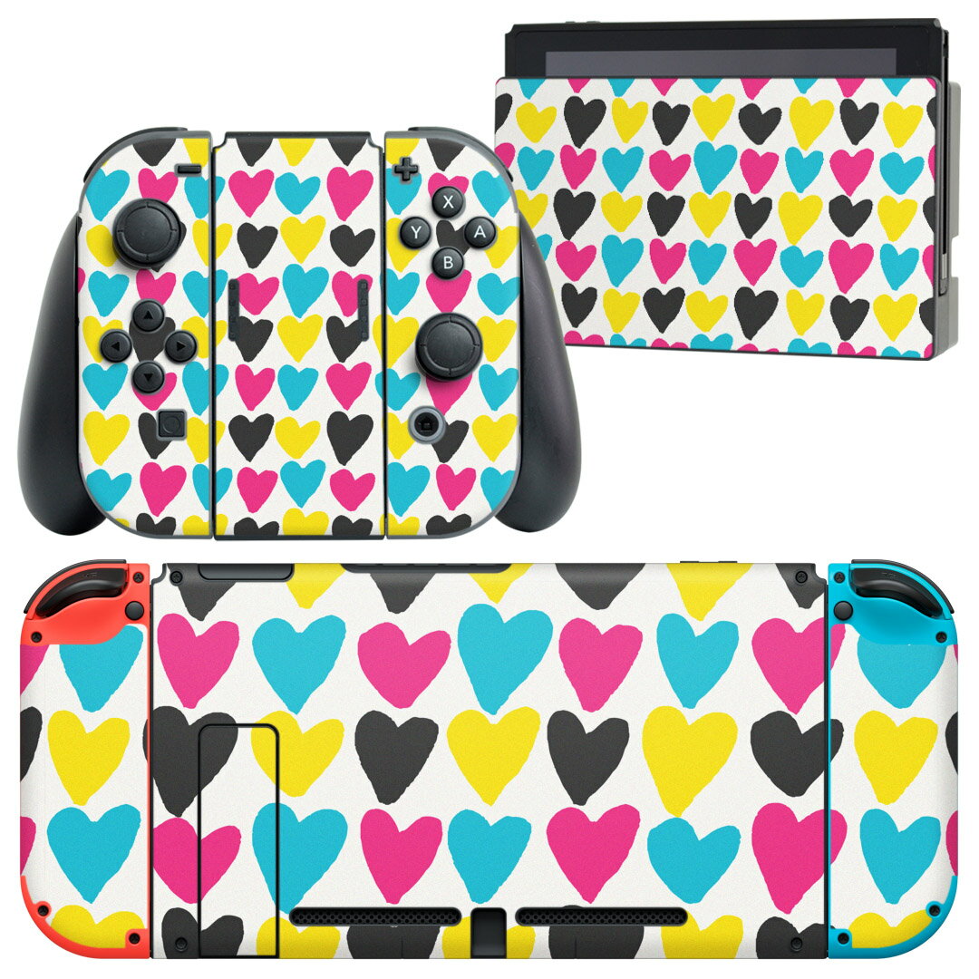 igsticker Nintendo Switch 用 デザインスキンシール 任天堂 ニンテンドー スイッチ 専用 本体ドック Joy-Con Joycon ジョイコン 専用 ゲーム機 カバー アクセサリー フィルム ステッカー 007976 カラフル　ハート　模様