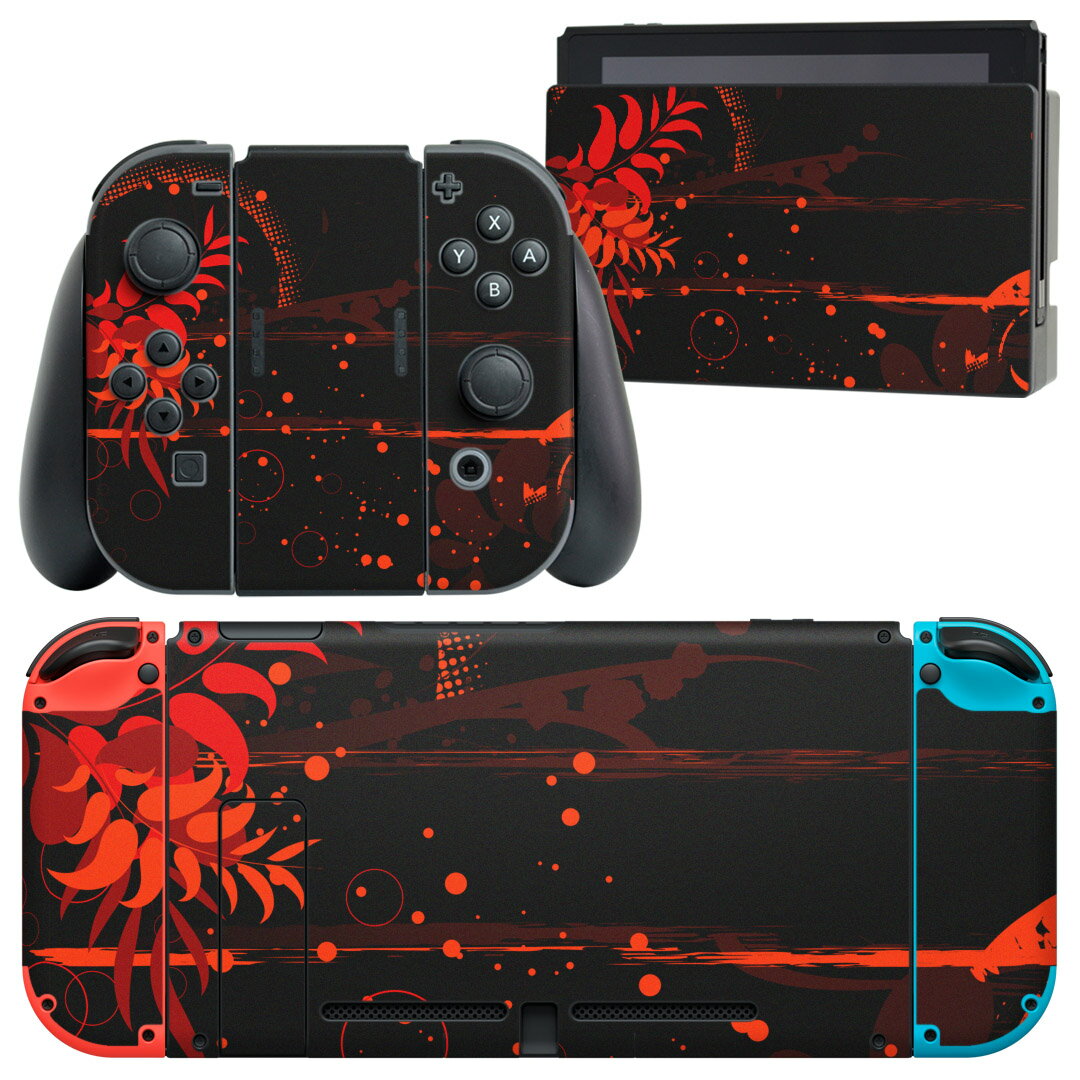 igsticker Nintendo Switch 用 デザインスキンシール 任天堂 ニンテンドー スイッチ 専用 本体ドック Joy-Con Joycon ジョイコン 専用 ゲーム機 カバー アクセサリー フィルム ステッカー 007991 植物　赤　レッド　黒　ブラック
