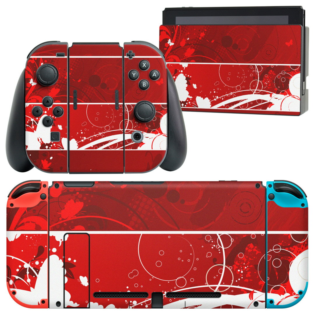 igsticker Nintendo Switch 用 デザインスキンシール 任天堂 ニンテンドー スイッチ 専用 本体ドック Joy-Con Joycon ジョイコン 専用 ゲーム機 カバー アクセサリー フィルム ステッカー 008002 赤 レッド 蝶 デザイン