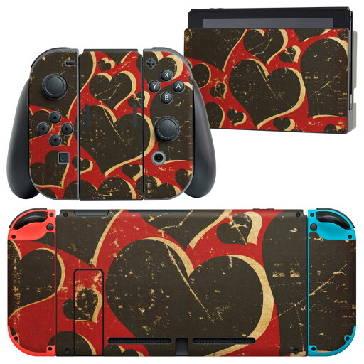 igsticker Nintendo Switch 用 デザインスキンシール 任天堂 ニンテンドー スイッチ 専用 本体ドック Joy-Con Joycon ジョイコン 専用 ゲーム機 カバー アクセサリー フィルム ステッカー 008005 ハート レトロ 黒 ブラック 模様