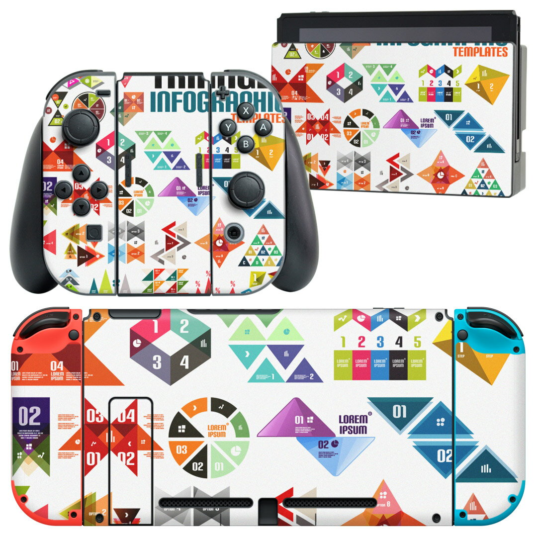 igsticker Nintendo Switch 用 デザインスキンシール 任天堂 ニンテンドー スイッチ 専用 本体ドック Joy-Con Joycon ジョイコン 専用 ゲーム機 カバー アクセサリー フィルム ステッカー 008027 カラフル 数字 デザイン 三角