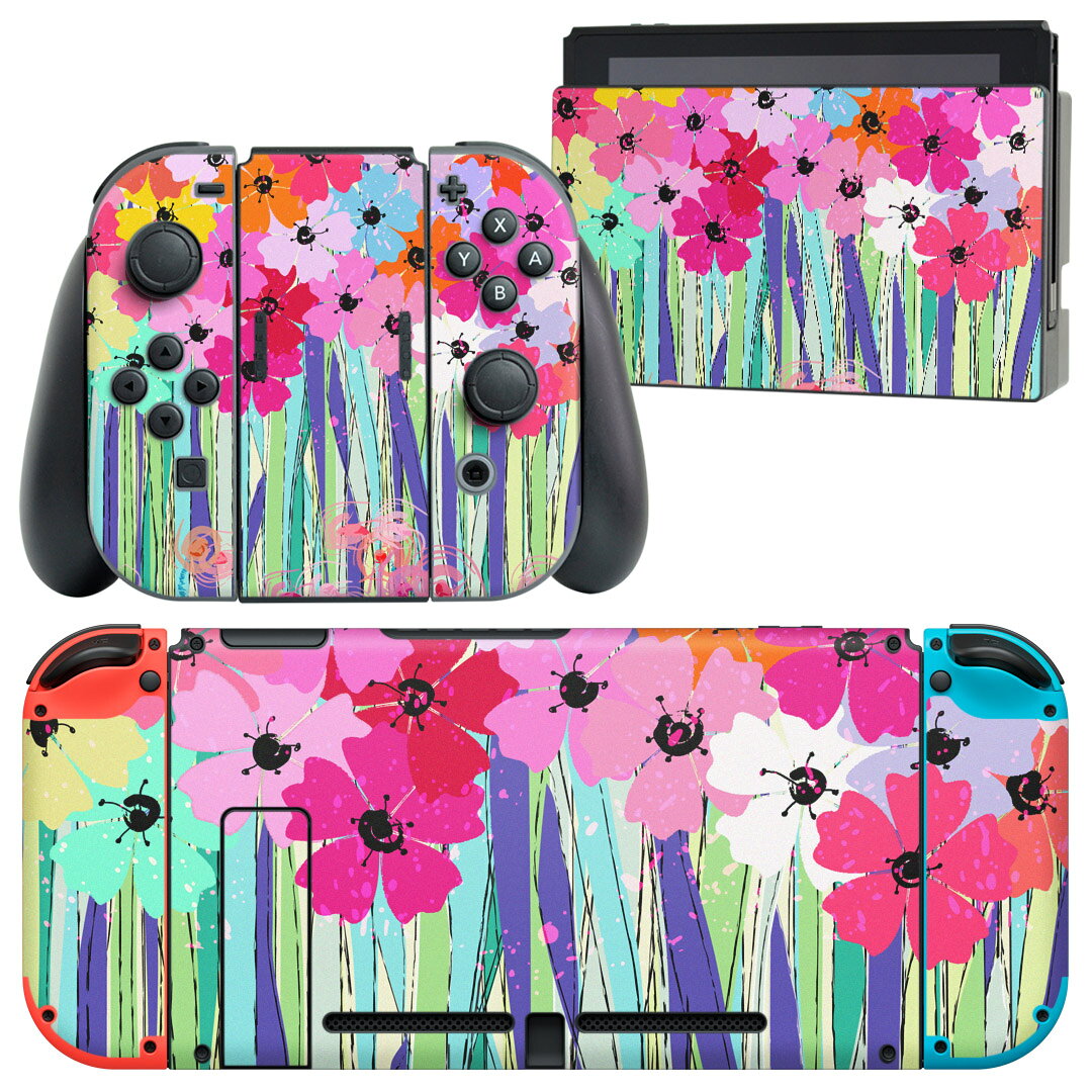 igsticker Nintendo Switch 用 デザインスキンシール 任天堂 ニンテンドー スイッチ 専用 本体ドック Joy-Con Joycon ジョイコン 専用 ゲーム機 カバー アクセサリー フィルム ステッカー 008039 花　　カラフル　ピンク