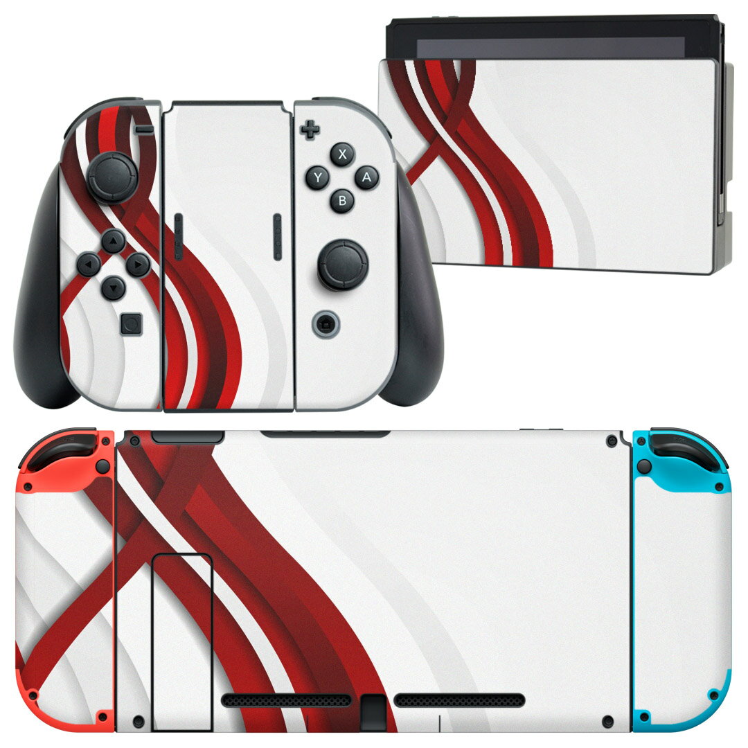 igsticker Nintendo Switch 用 デザインスキンシール 任天堂 ニンテンドー スイッチ 専用 本体ドック Joy-Con Joycon ジョイコン 専用 ゲーム機 カバー アクセサリー フィルム ステッカー 008055 赤　レッド　曲線　デザイン